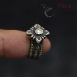 vintage shan lisu hill tribe silver ring worn on finger front view