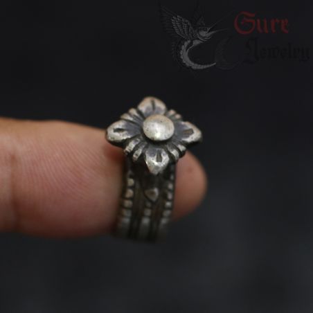 vintage shan lisu hill tribe silver ring worn on finger front view