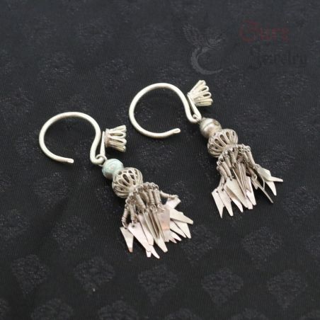 top side angle – pair of vintage lahu musur silver flower earrings top view