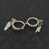 TOP SIDE ANGLE-5: Antique silver Yao earrings with floral finials and leaf pendants, top side view.