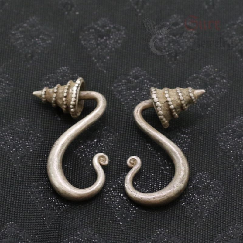ANTIQUE YAO TRIBAL SILVER EARRINGS – TOP SIDE ANGLE VIEW 1