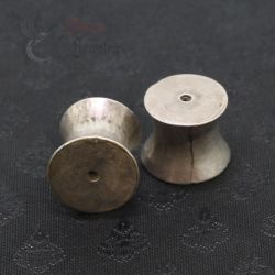 Top side angle – antique silver Palaung ear plugs, Shan States Burma, pair view 1