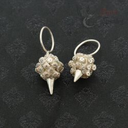 ilver Yao seed bag earrings top side angle – handmade hill tribe jewelry from Northern Thailand Laos region