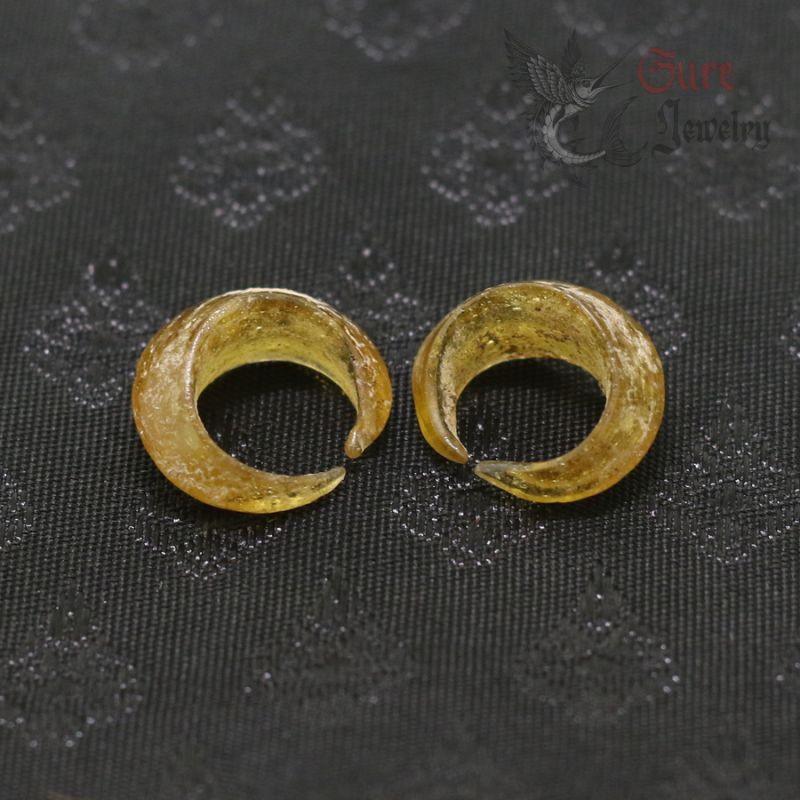 TOP SIDE ANGLE – ANTIQUE CAMBODIAN GLASS EAR PLUGS WHISKEY COLOR PAIR