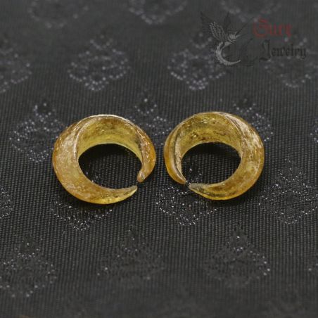 TOP SIDE ANGLE – ANTIQUE CAMBODIAN GLASS EAR PLUGS WHISKEY COLOR PAIR