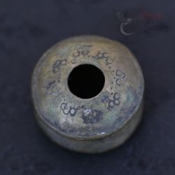 TOP SIDE ANGLE – 1: ANTIQUE KAREN SILVER EAR PLUG TOP VIEW WITH PATINA