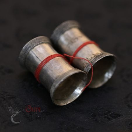 LAHU SHI TRIBAL SILVER CYLINDRICAL EAR PLUGS TOP SIDE ANGLE