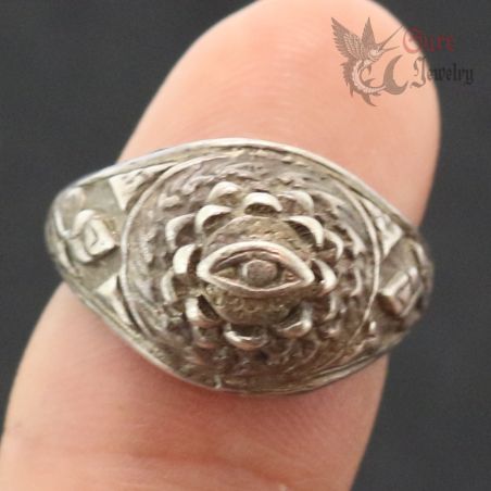 silver tone ethnic ring myanmar side angle ON FINGER