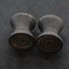 Antique Dayak ironwood ear plugs pair Borneo tribal jewelry top side angle 4