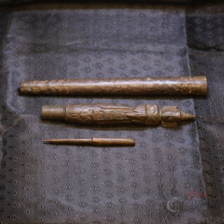 Vintage Burmese tattoo tapper tool set three parts Myanmar top side angle view