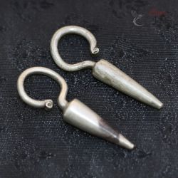 Silver cone weight earrings top side angle showing curved hook and tapered form