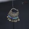 Vintage tribal crescent earring hanging view oxidized silver patina detail