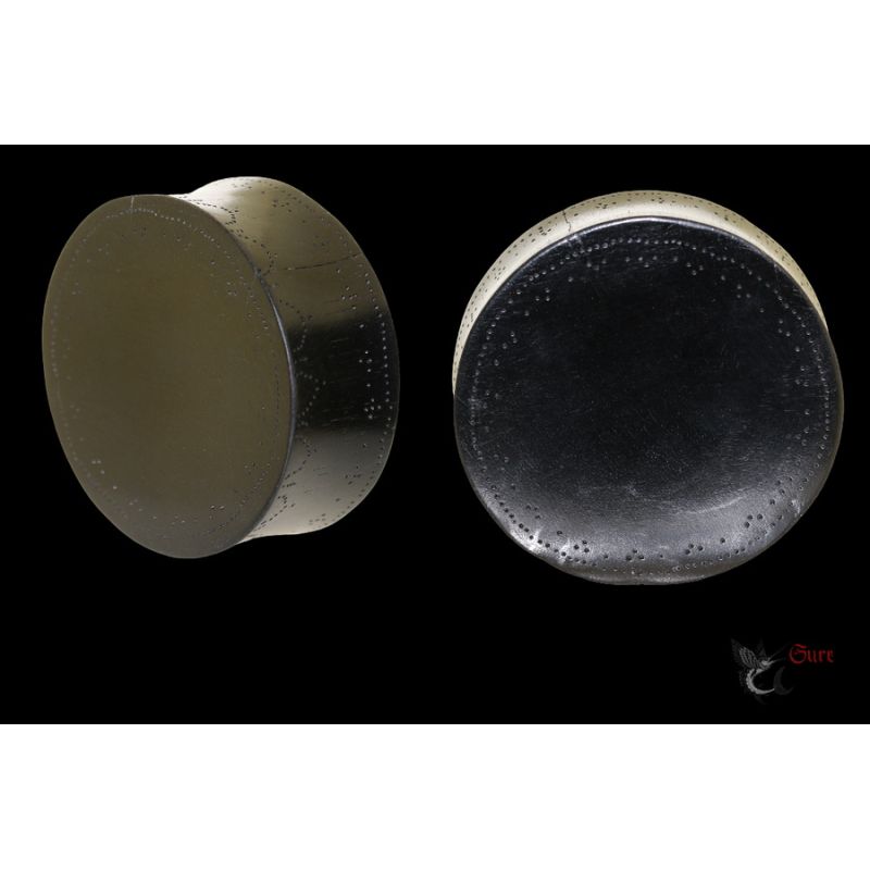 Hand-carved black wood earlobe plugs pair from Attapeu Laos front angled view