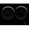 Top side angle view of hand-carved black wood ear plugs from Attapeu Province Laos